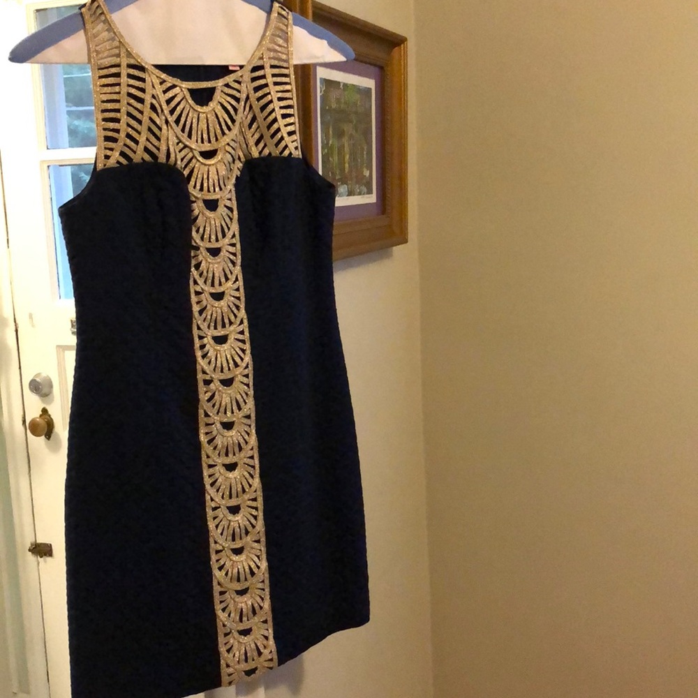Lily Pulitzer Navy Blue and Gold Tana Shift Dress
